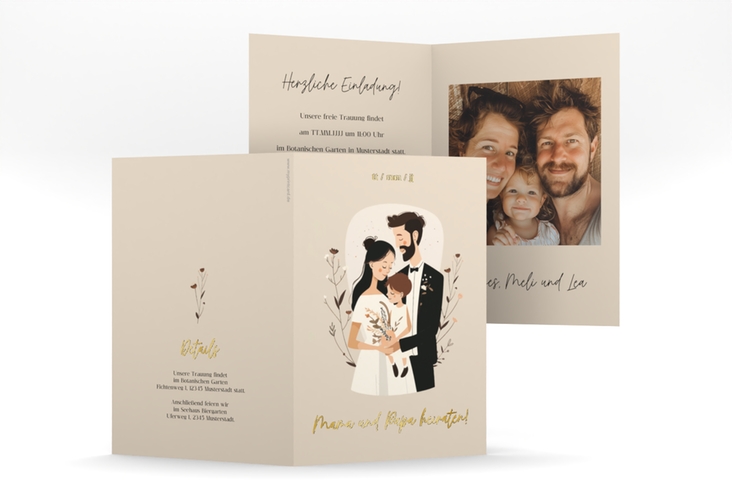 Einladungskarte Hochzeit Familienglück A6 Klappkarte hoch beige gold für Paare mit Kind