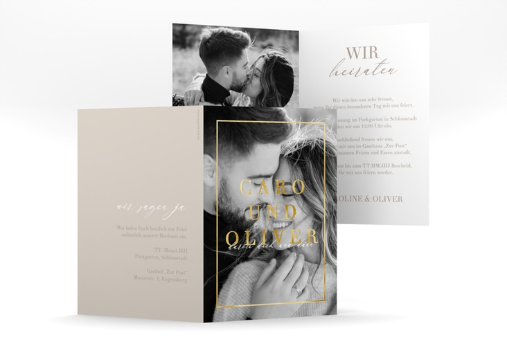 Einladungskarte Hochzeit Moment A6 Klappkarte hoch beige gold