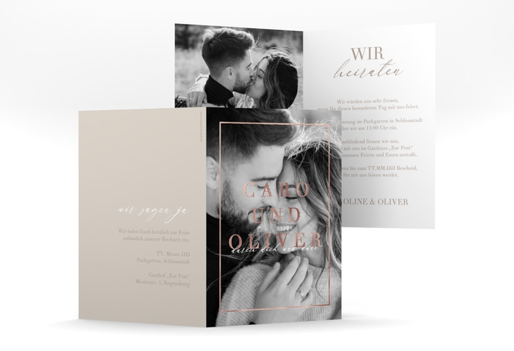 Einladungskarte Hochzeit Moment A6 Klappkarte hoch beige rosegold