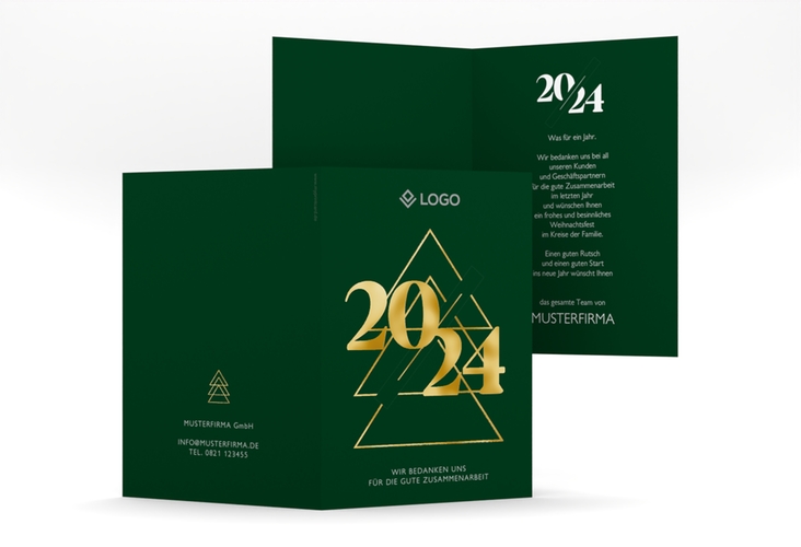 Geschäftliche Weihnachtskarte Geschäftsjahr A6 Klappkarte hoch gruen gold mit Tanne und Stechpalme im Schiefertafel-Look