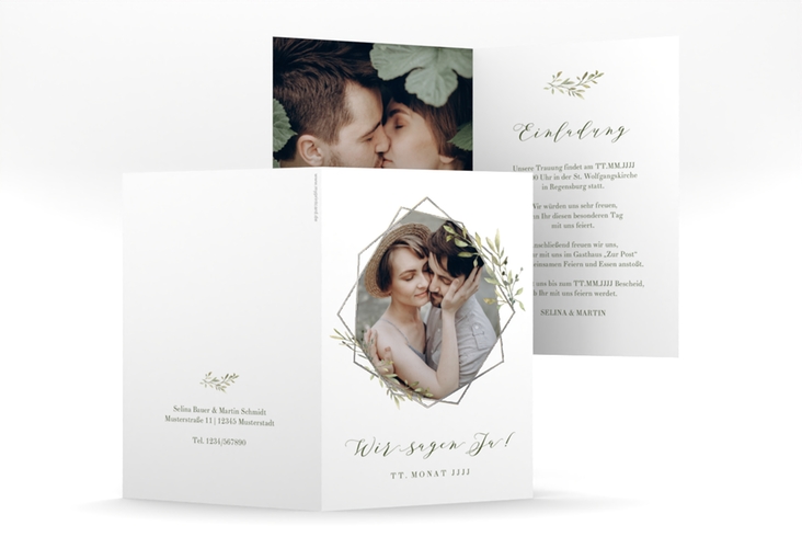 Einladungskarte Hochzeit Acacia A6 Klappkarte hoch weiss silber