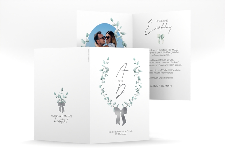 Einladungskarte Hochzeit Eucalypt Bow A6 Klappkarte hoch gruen silber