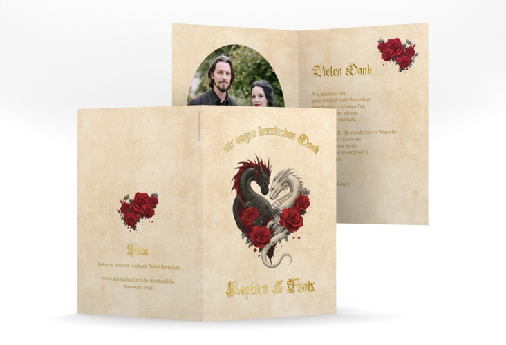 Danksagungskarte Drachenliebe A6 Klappkarte hoch beige gold mit schwarzem und weißem Drachen zu einem Herz verschlungen