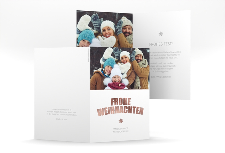 Weihnachtskarte Festtag A6 Klappkarte hoch weiss rosegold zum Personalisieren mit Foto