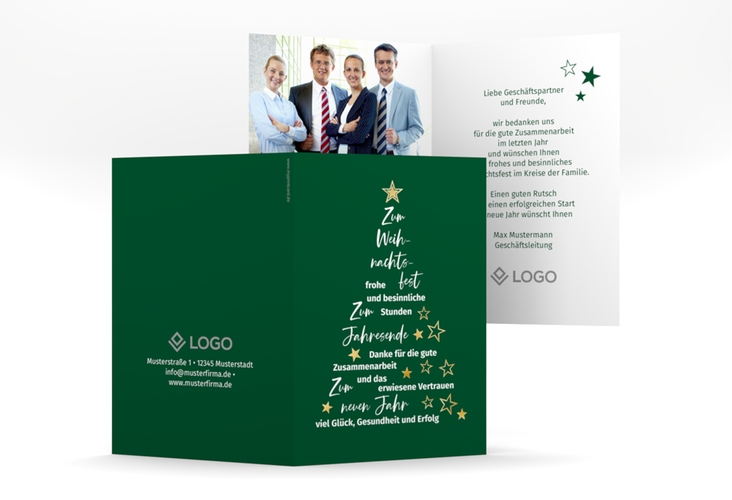 Geschäftliche Weihnachtskarte Oh Tannenbaum A6 Klappkarte hoch gruen gold mit Weihnachtsbaum aus Glückwünschen und Sternen