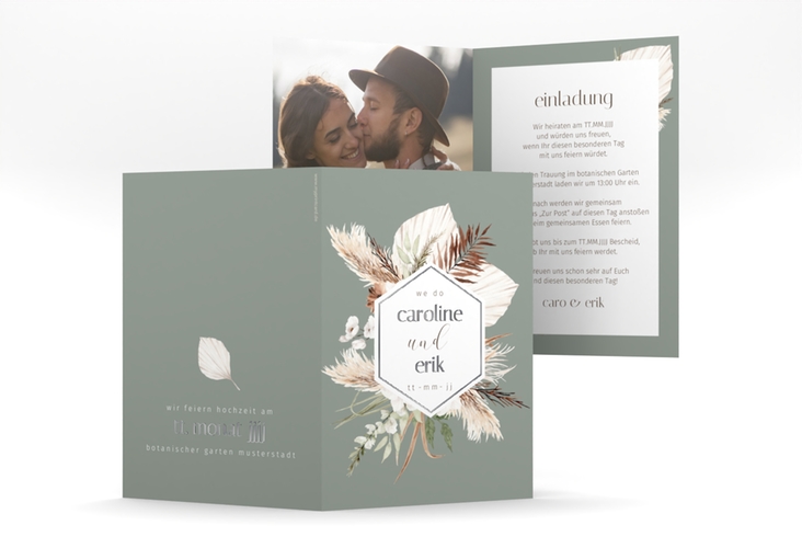 Einladungskarte Hochzeit Bohemian A6 Klappkarte hoch gruen silber mit Gräsern und Trockenblumen für Boho-Hochzeit