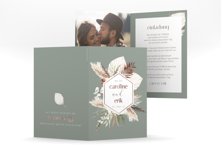 Einladungskarte Hochzeit Bohemian A6 Klappkarte hoch gruen rosegold mit Gräsern und Trockenblumen für Boho-Hochzeit