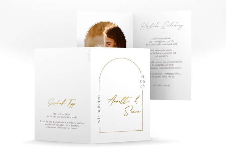 Einladungskarte Hochzeit Rundung A6 Klappkarte hoch weiss gold
