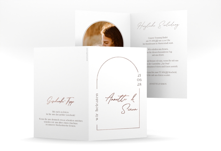 Einladungskarte Hochzeit Rundung A6 Klappkarte hoch weiss rosegold