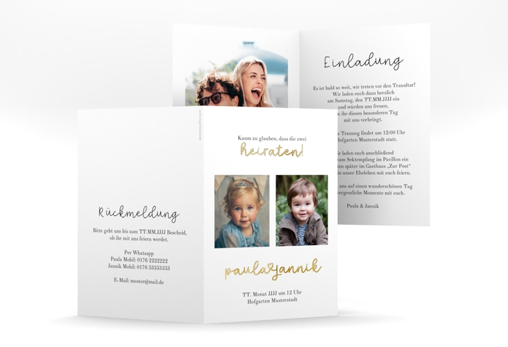 Einladungskarte Hochzeit Kindheitsfotos A6 Klappkarte hoch weiss gold