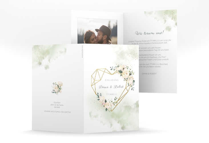 Einladungskarte Hochzeit Adore A6 Klappkarte hoch gruen gold