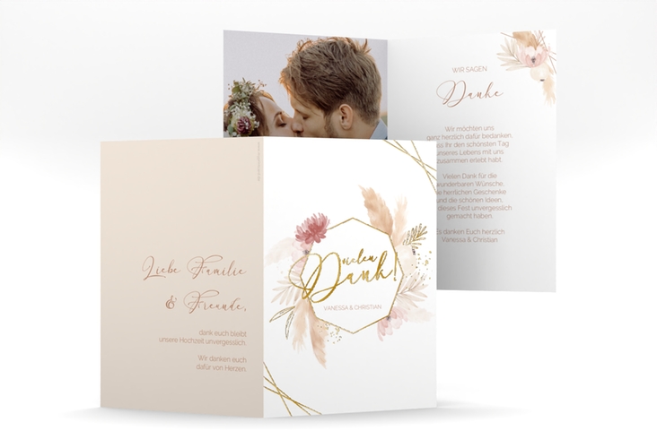 Dankeskarte Hochzeit Bohostyle A6 Klappkarte hoch beige gold mit Pampasgras in Aquarell