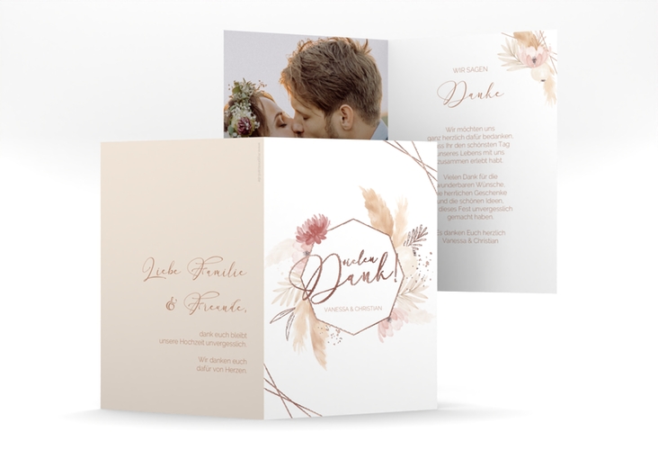 Dankeskarte Hochzeit Bohostyle A6 Klappkarte hoch beige rosegold mit Pampasgras in Aquarell