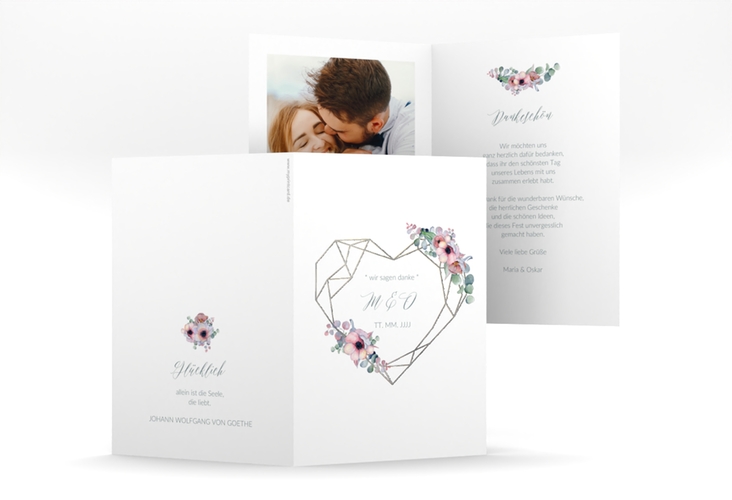 Dankeskarte Hochzeit Herzgold A6 Klappkarte hoch weiss silber mit Gräsern und Trockenblumen für Boho-Hochzeit