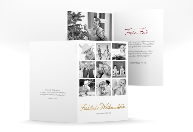 Weihnachtskarte Komet A6 Klappkarte hoch weiss gold mit quadratischen Fotos