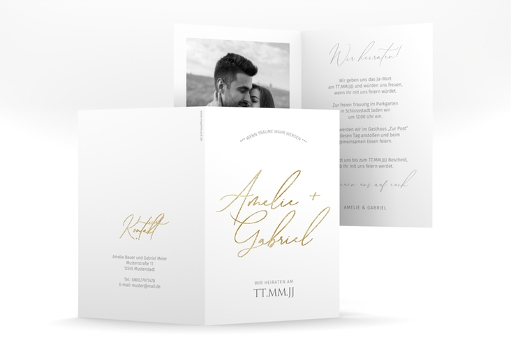 Einladungskarte Hochzeit Federschrift A6 Klappkarte hoch weiss gold in schlichtem Design mit Kalligrafie