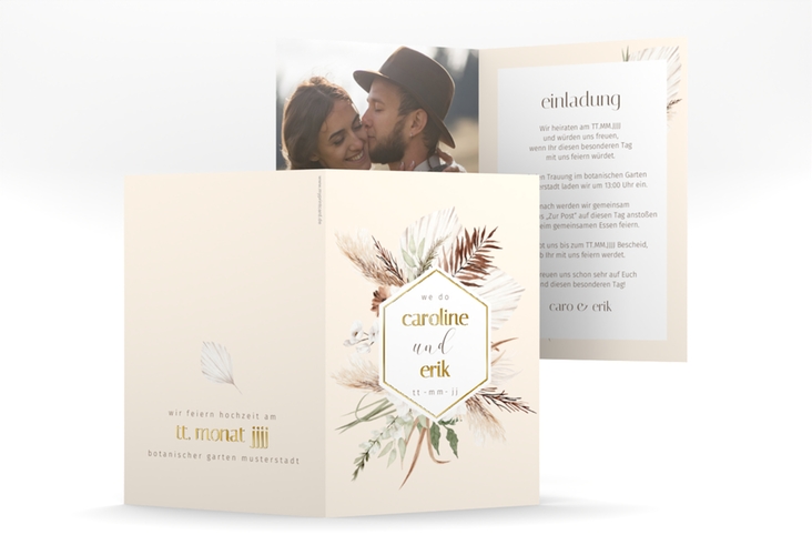 Einladungskarte Hochzeit Bohemian A6 Klappkarte hoch beige gold mit Gräsern und Trockenblumen für Boho-Hochzeit