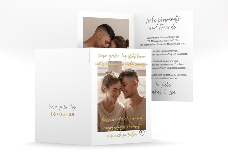 Einladungskarte Hochzeit Liebesbrief A6 Klappkarte hoch weiss gold