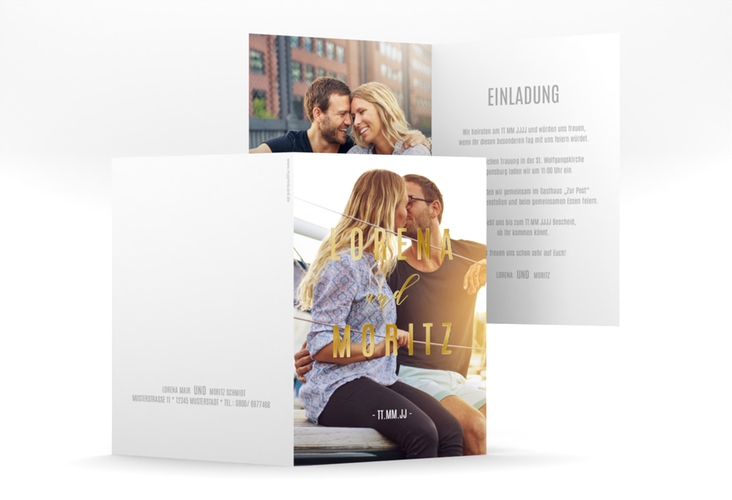 Einladungskarte Hochzeit Memory A6 Klappkarte hoch weiss gold