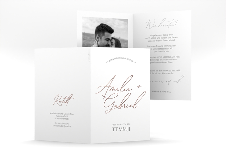 Einladungskarte Hochzeit Federschrift A6 Klappkarte hoch weiss rosegold in schlichtem Design mit Kalligrafie