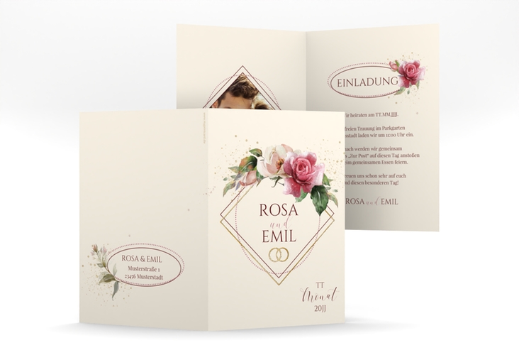Einladungskarte Hochzeit Rosenbogen A6 Klappkarte hoch beige gold