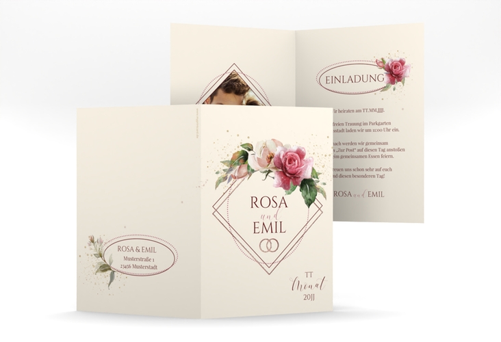 Einladungskarte Hochzeit Rosenbogen A6 Klappkarte hoch beige rosegold