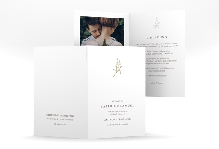 Einladungskarte Hochzeit Ivy A6 Klappkarte hoch weiss gold minimalistisch mit kleiner botanischer Illustration