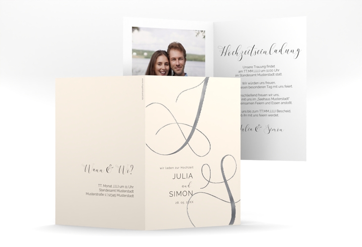 Hochzeitseinladung Eheschließung A6 Klappkarte hoch beige silber mit Gräsern und Trockenblumen für Boho-Hochzeit