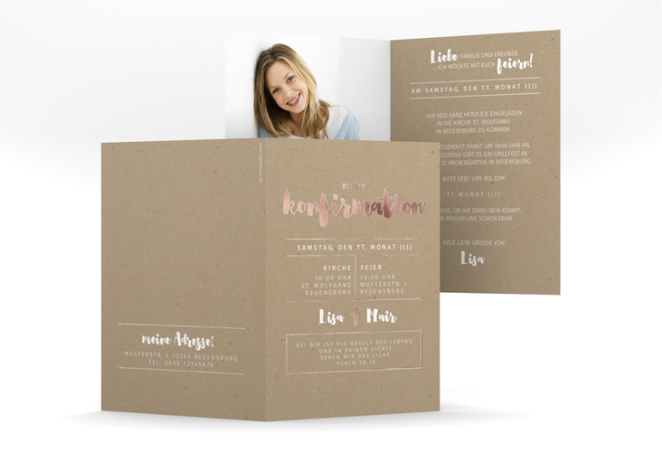 Einladungskarte Kommunion Religionis A6 Klappkarte hoch beige rosegold in Kraftpapier-Optik