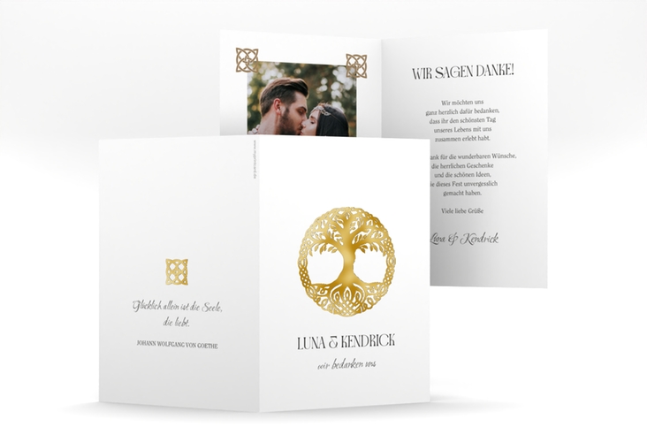 Dankeskarte Hochzeit Lebensbaum A6 Klappkarte hoch weiss gold im Stil der Kelten und Wikinger