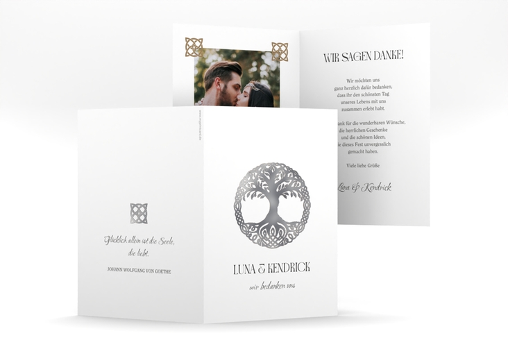 Dankeskarte Hochzeit Lebensbaum A6 Klappkarte hoch weiss silber im Stil der Kelten und Wikinger