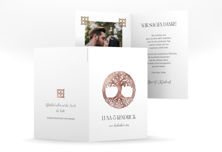 Dankeskarte Hochzeit Lebensbaum A6 Klappkarte hoch weiss rosegold im Stil der Kelten und Wikinger