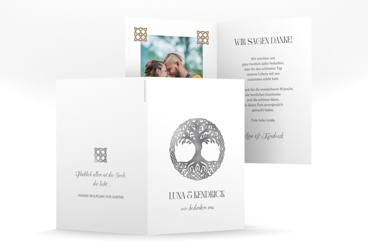 Dankeskarte Hochzeit Lebensbaum A6 Klappkarte hoch weiss silber im Stil der Kelten und Wikinger