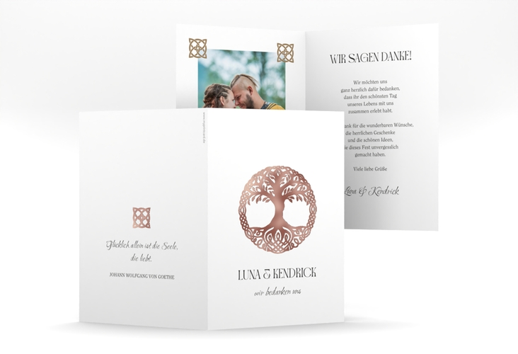 Dankeskarte Hochzeit Lebensbaum A6 Klappkarte hoch weiss rosegold im Stil der Kelten und Wikinger