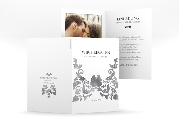 Einladungskarte Hochzeit Royal A6 Klappkarte hoch weiss silber mit barockem Blumen-Ornament