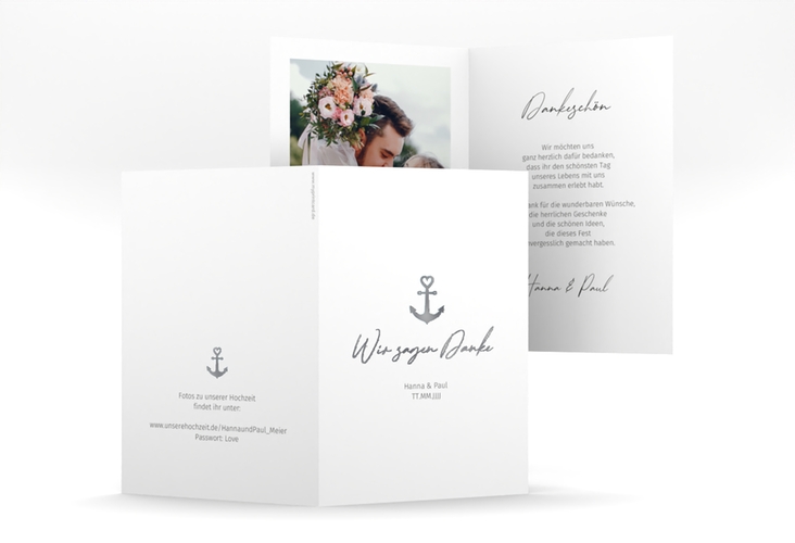 Danksagungskarte Hochzeit Ankerliebe A6 Klappkarte hoch weiss silber im minimalistischen maritimen Design mit Anker