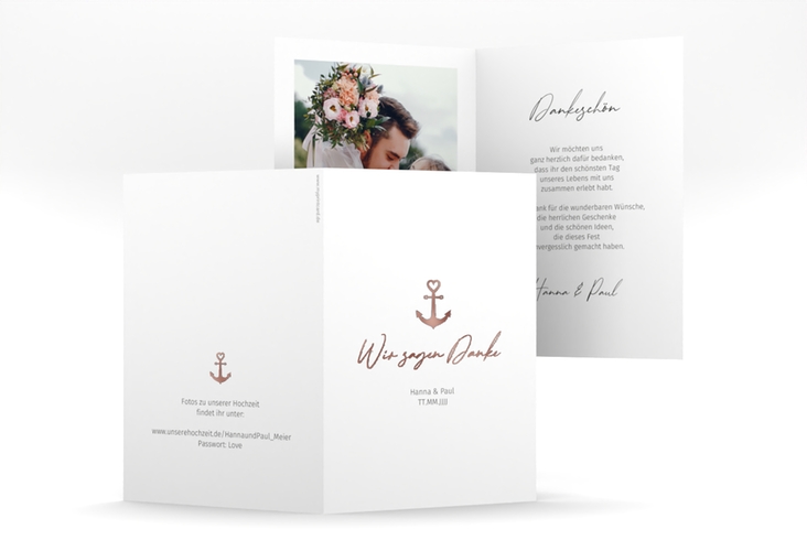 Danksagungskarte Hochzeit Ankerliebe A6 Klappkarte hoch weiss rosegold im minimalistischen maritimen Design mit Anker
