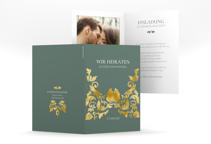 Einladungskarte Hochzeit Royal A6 Klappkarte hoch gruen gold mit barockem Blumen-Ornament