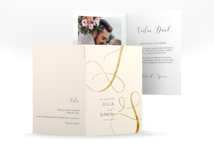 Danksagungskarte Hochzeit Eheschließung A6 Klappkarte hoch beige gold mit Gräsern und Trockenblumen für Boho-Hochzeit