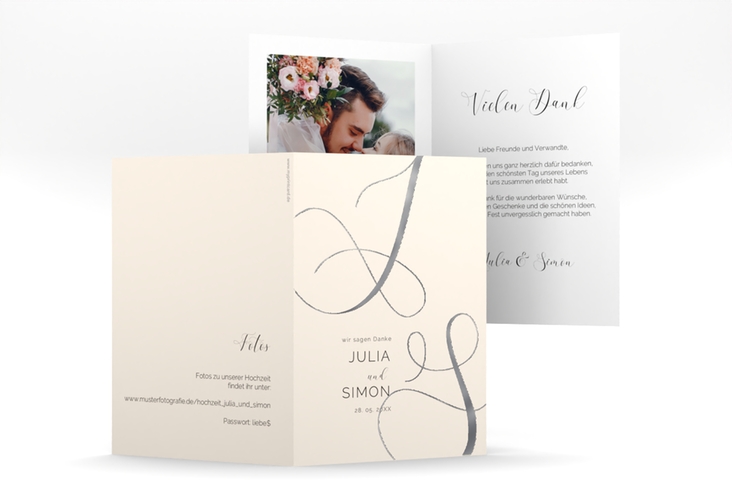 Danksagungskarte Hochzeit Eheschließung A6 Klappkarte hoch beige silber mit Gräsern und Trockenblumen für Boho-Hochzeit