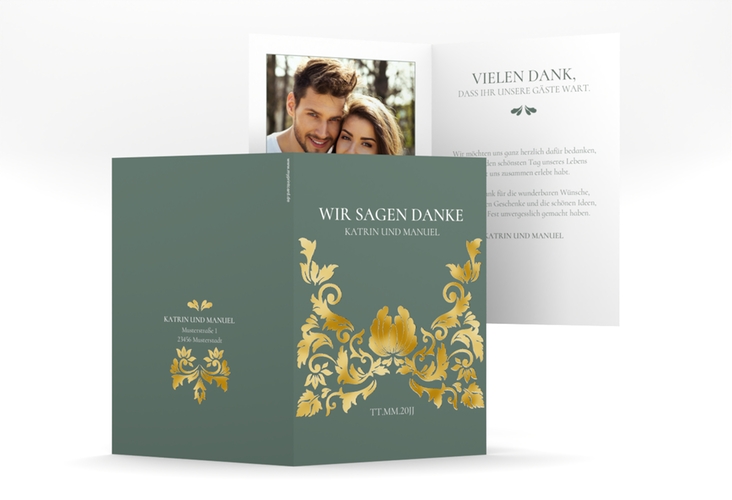 Danksagungskarte Hochzeit Royal A6 Klappkarte hoch gruen gold mit barockem Blumen-Ornament