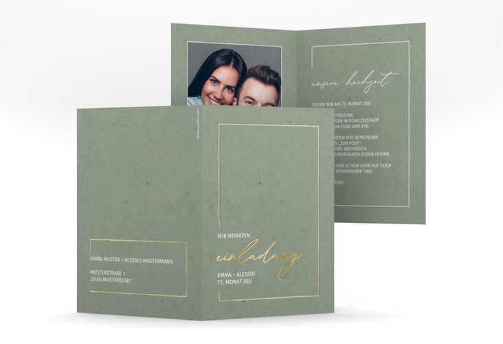 Einladungskarte Hochzeit Simple Line A6 Klappkarte hoch gruen gold