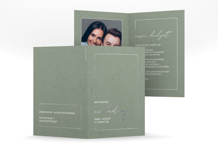 Einladungskarte Hochzeit Simple Line A6 Klappkarte hoch gruen silber