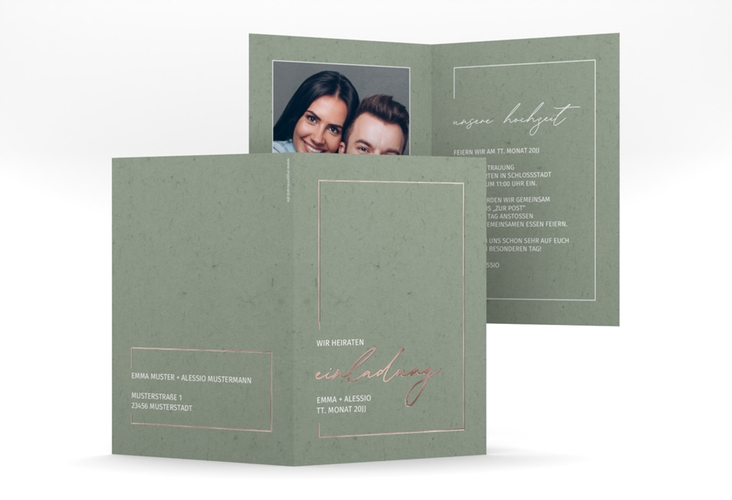 Einladungskarte Hochzeit Simple Line A6 Klappkarte hoch gruen rosegold
