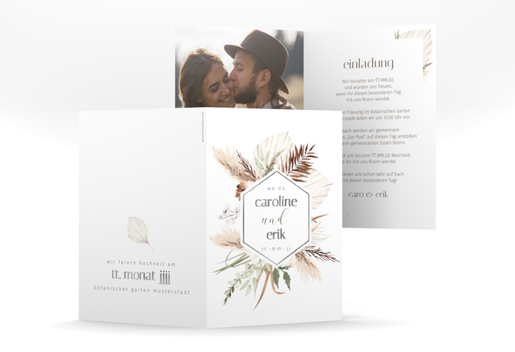 Einladungskarte Hochzeit Bohemian A6 Klappkarte hoch weiss silber mit Gräsern und Trockenblumen für Boho-Hochzeit