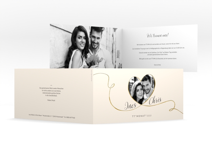 Hochzeitseinladung Dolce lange Klappkarte quer beige gold