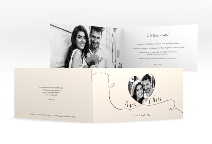 Hochzeitseinladung Dolce lange Klappkarte quer beige rosegold
