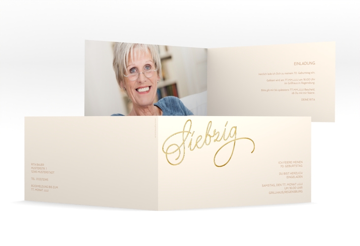 Einladung 70. Geburtstag Schwungvoll lange Klappkarte quer beige gold
