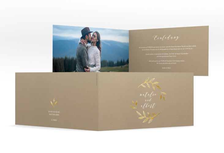 Hochzeitseinladung Naturelove lange Klappkarte quer weiss gold