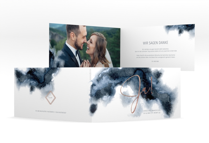 Danksagungskarte Hochzeit Aquarellic lange Klappkarte quer weiss rosegold